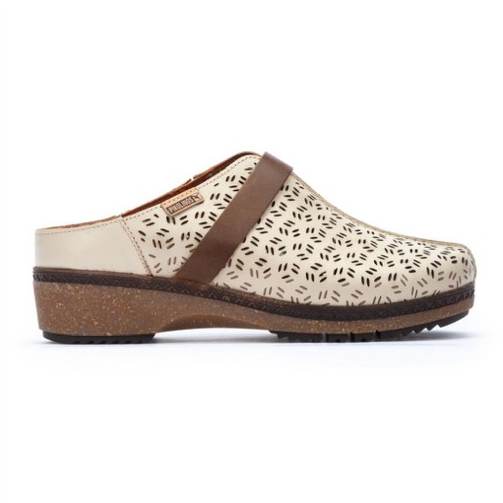 PIKOLINOS Cream and Brown Slip-On Clogs with Perforated Design
